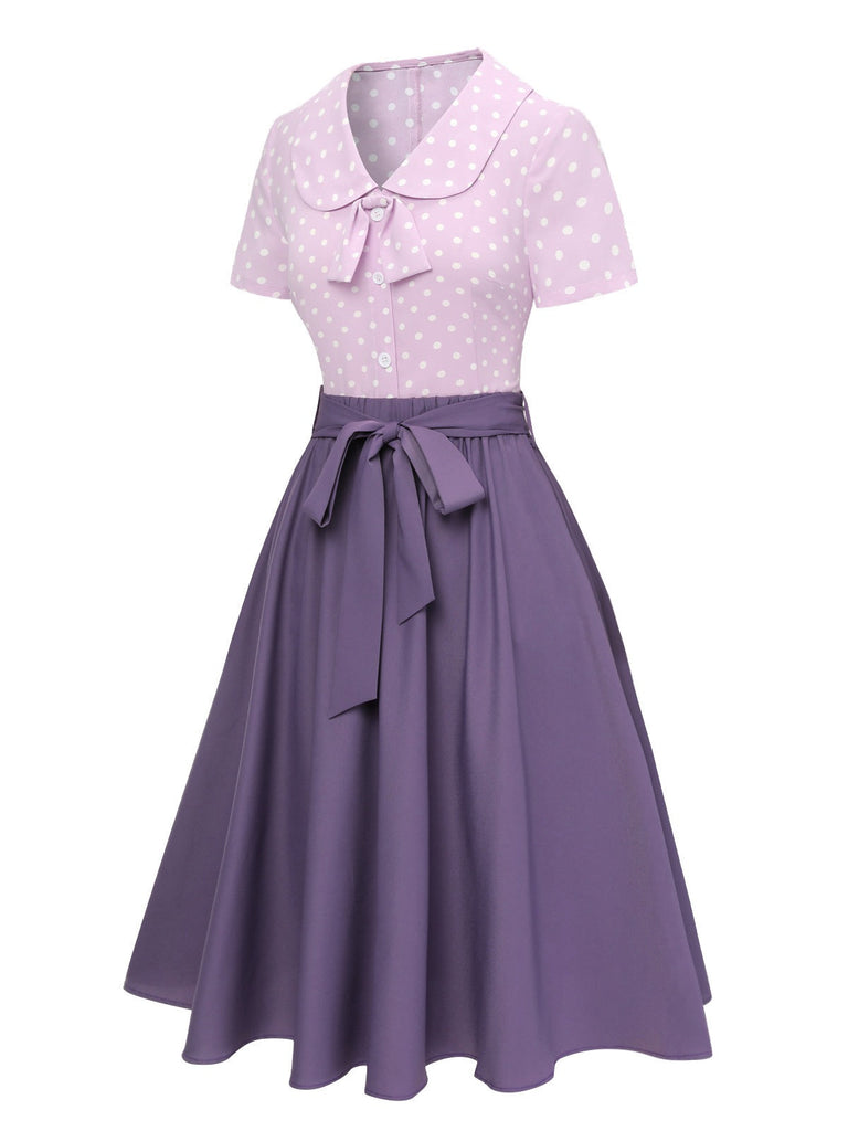2PCS Camicetta a pois e gonna tinta unita lavanda anni '40