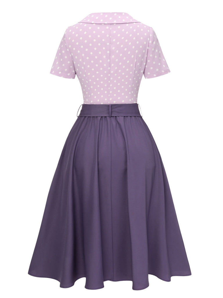 2PCS Camicetta a pois e gonna tinta unita lavanda anni '40