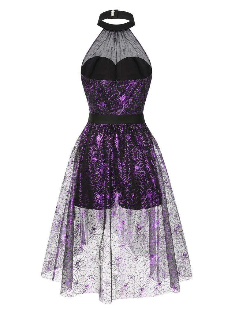 2PCS Tuta corta e gonna a rete a ragnatela nero e viola anni '50