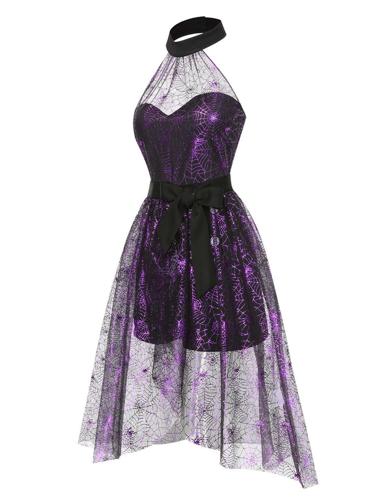 2PCS Tuta corta e gonna a rete a ragnatela nero e viola anni '50