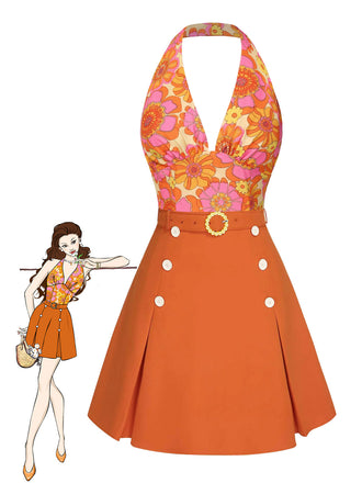 2PCS Top scollo all'americana floreale e gonna anni '60