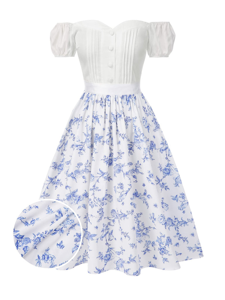 2PCS Top bianco spalle scoperte e gonna floreale anni '50