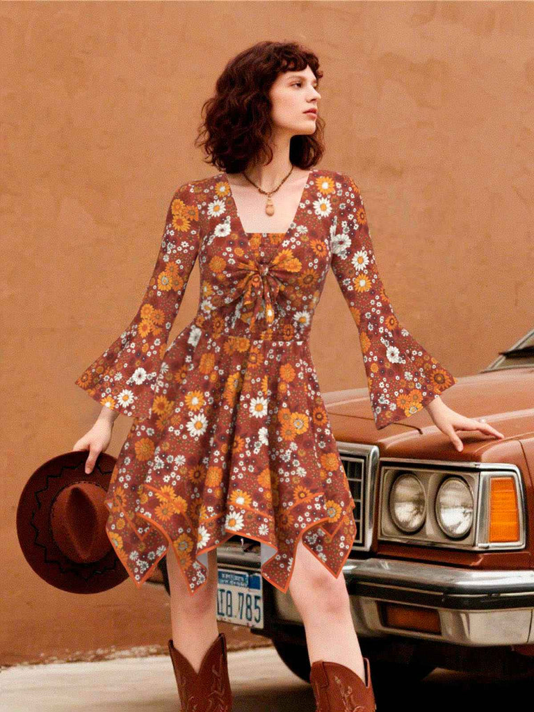 2PCS Top e abito floreale hippie arancione anni '70