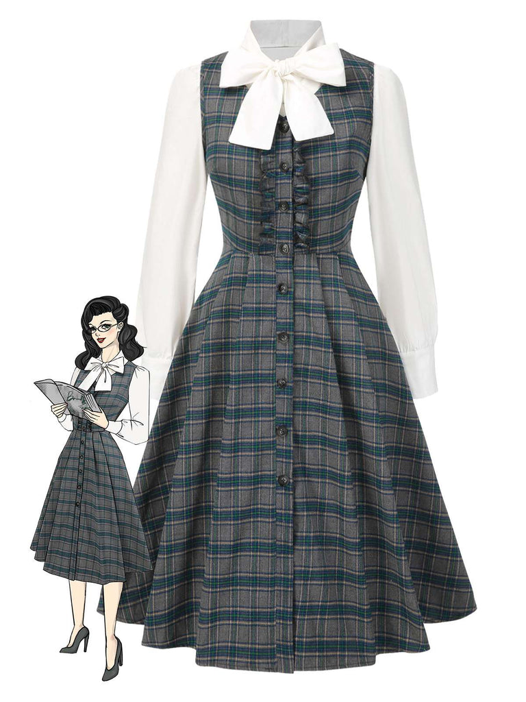 [Prevendita] 2PCS Abito grigio a quadri e camicetta cotone anni '50