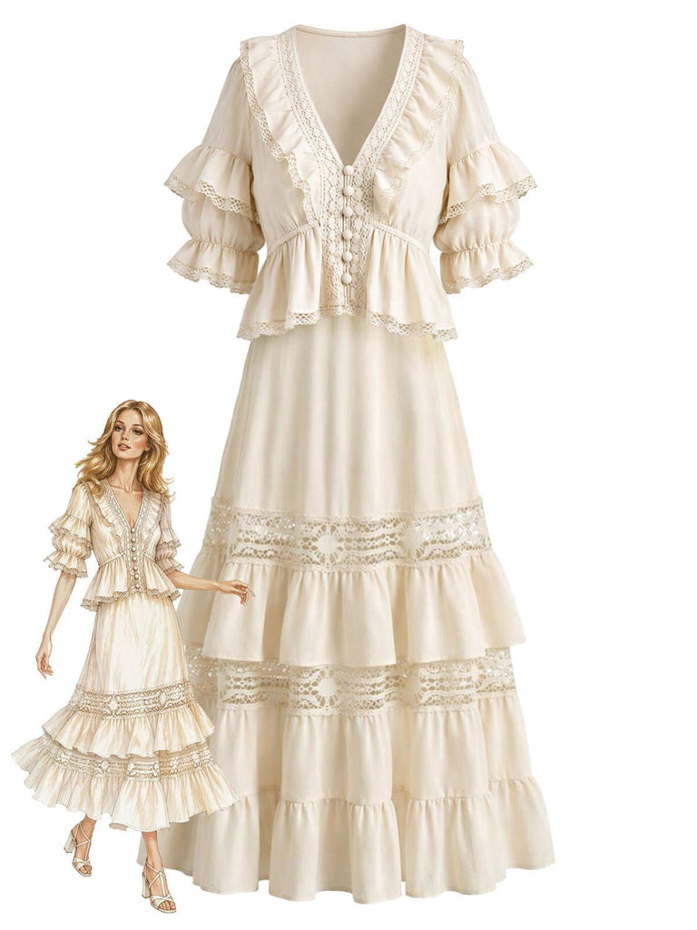 [Prevendita] 2PCS Completo Gonna Beige Anni '70 Boho con Camicetta in Pizzo e Volant