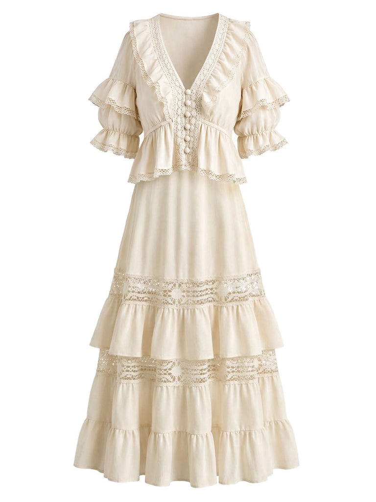 [Prevendita] 2PCS Completo Gonna Beige Anni '70 Boho con Camicetta in Pizzo e Volant 2