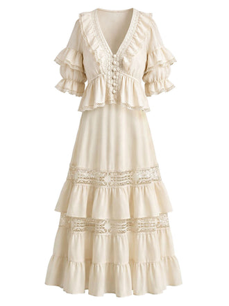 [Prevendita] 2PCS Completo Gonna Beige Anni '70 Boho con Camicetta in Pizzo e Volant 2