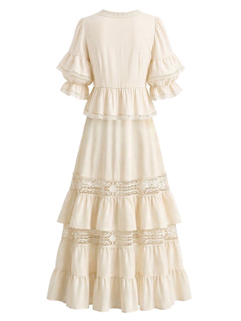 [Prevendita] 2PCS Completo Gonna Beige Anni '70 Boho con Camicetta in Pizzo e Volant 3