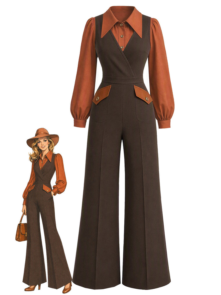 [Prevendita] 2PCS Blusa anni '30 con maniche a vescovo e tuta con tasche e pantaloni a gamba larga