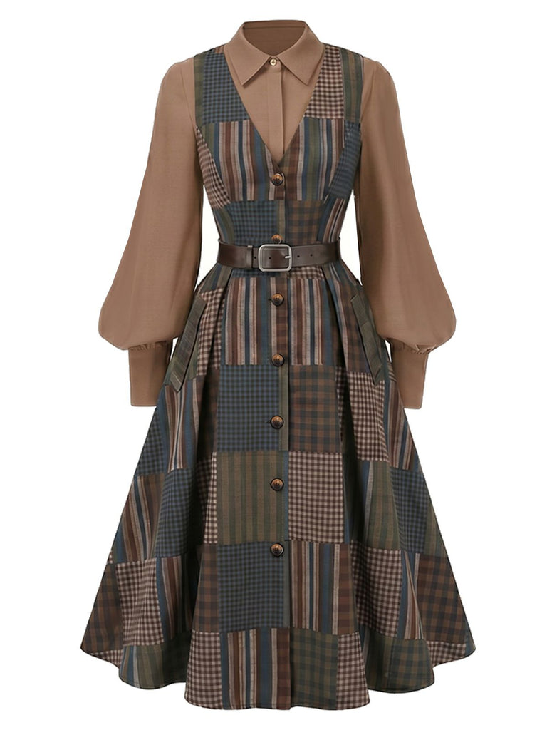 [Prevendita] Completo marrone con abito senza maniche a quadri patchwork con cintura e camicetta Anni '40 2