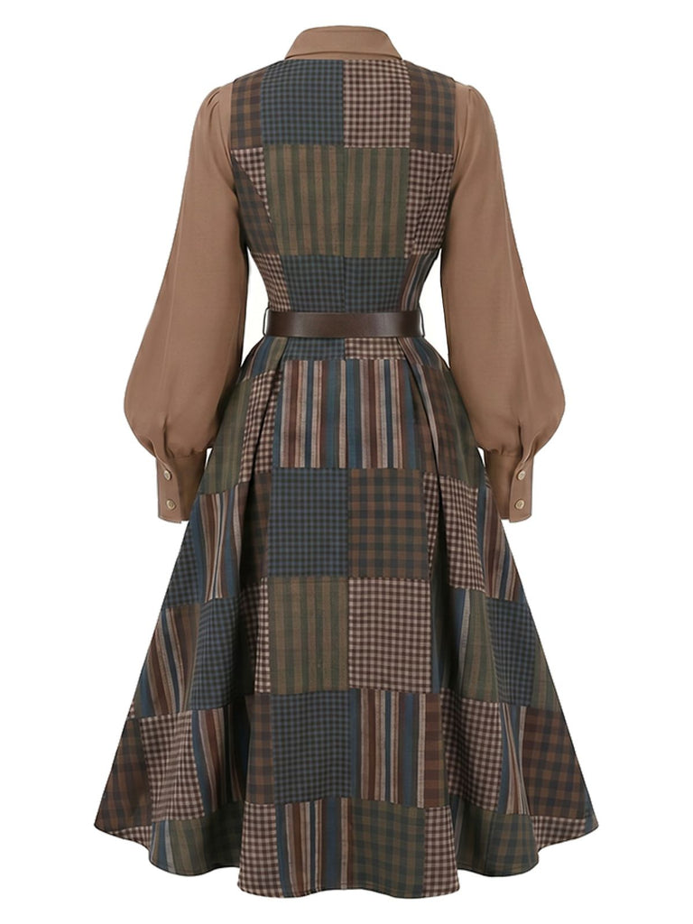 [Prevendita] Completo marrone con abito senza maniche a quadri patchwork con cintura e camicetta Anni '40 3