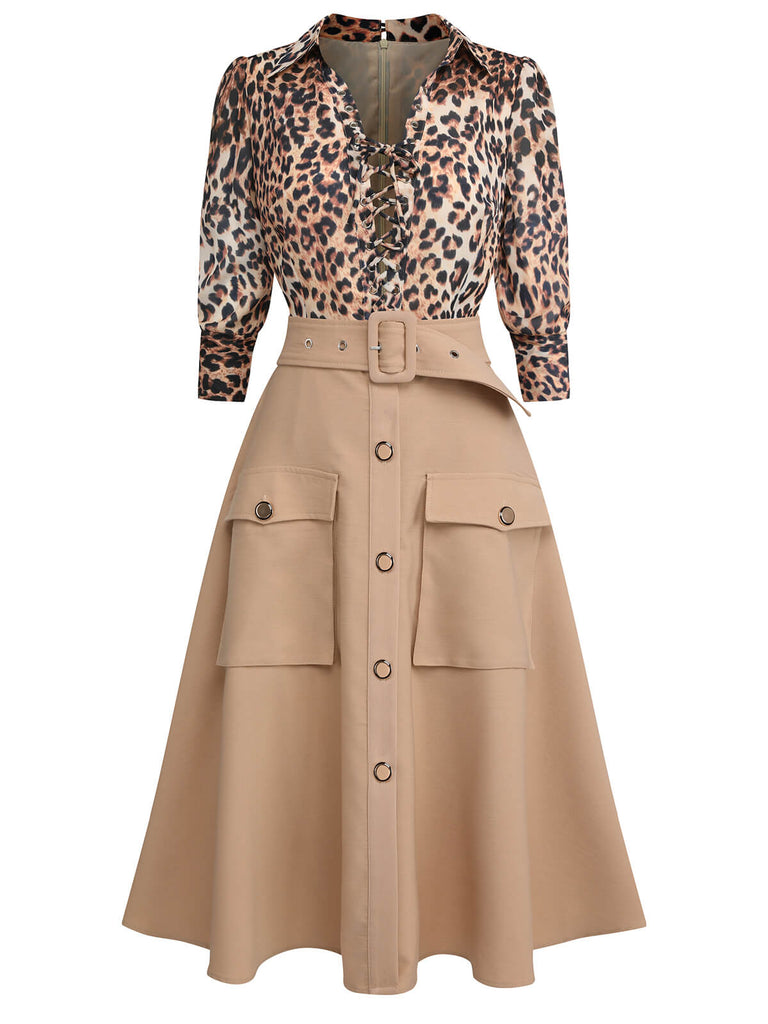 2PCS Tuta corta con revers leopardo e gonna cachi anni '50