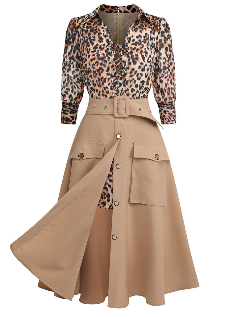 2PCS Tuta corta con revers leopardo e gonna cachi anni '50