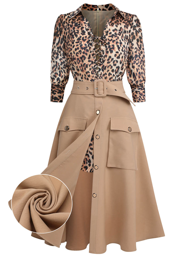 2PCS Tuta corta con revers leopardo e gonna cachi anni '50