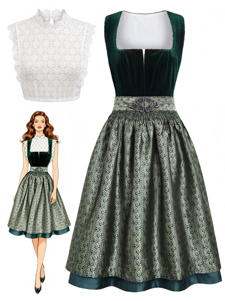 3PCS Abito Verde Anni '50 in Velluto Jacquard con Grembiule e Top in Pizzo
