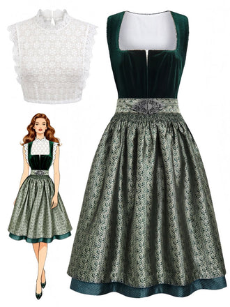 3PCS Abito Verde Anni '50 in Velluto Jacquard con Grembiule e Top in Pizzo