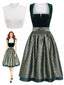 3PCS Abito Verde Anni '50 in Velluto Jacquard con Grembiule e Top in Pizzo