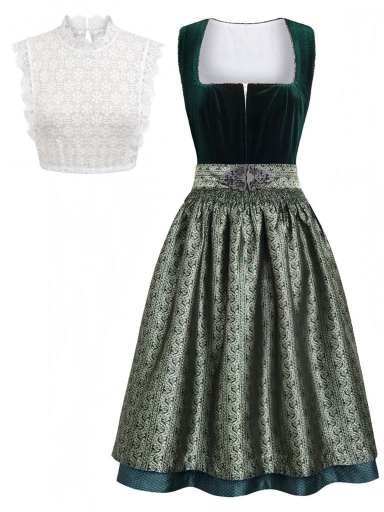 3PCS Abito Verde Anni '50 in Velluto Jacquard con Grembiule e Top in Pizzo