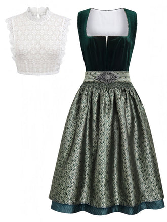 3PCS Abito Verde Anni '50 in Velluto Jacquard con Grembiule e Top in Pizzo
