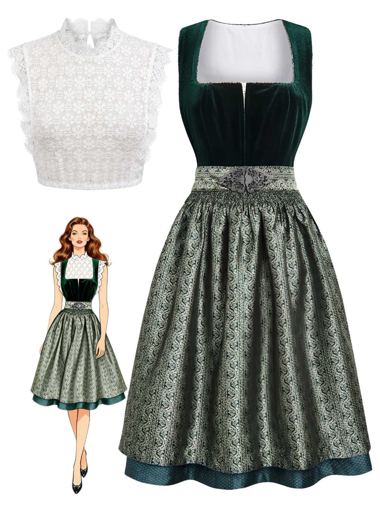 3 Pezzi Abito Scollo Quadrato in Velluto Jacquard con Grembiule e Top in Pizzo Verde Anni '50