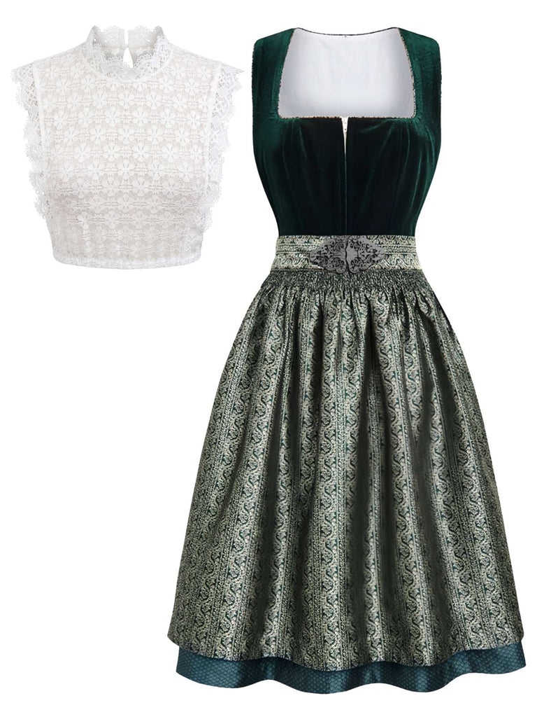 3 Pezzi Abito Scollo Quadrato in Velluto Jacquard con Grembiule e Top in Pizzo Verde Anni '50 2