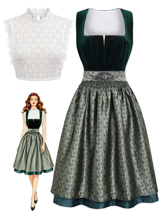 3 Pezzi Abito Scollo Quadrato in Velluto Jacquard con Grembiule e Top in Pizzo Verde Anni '50