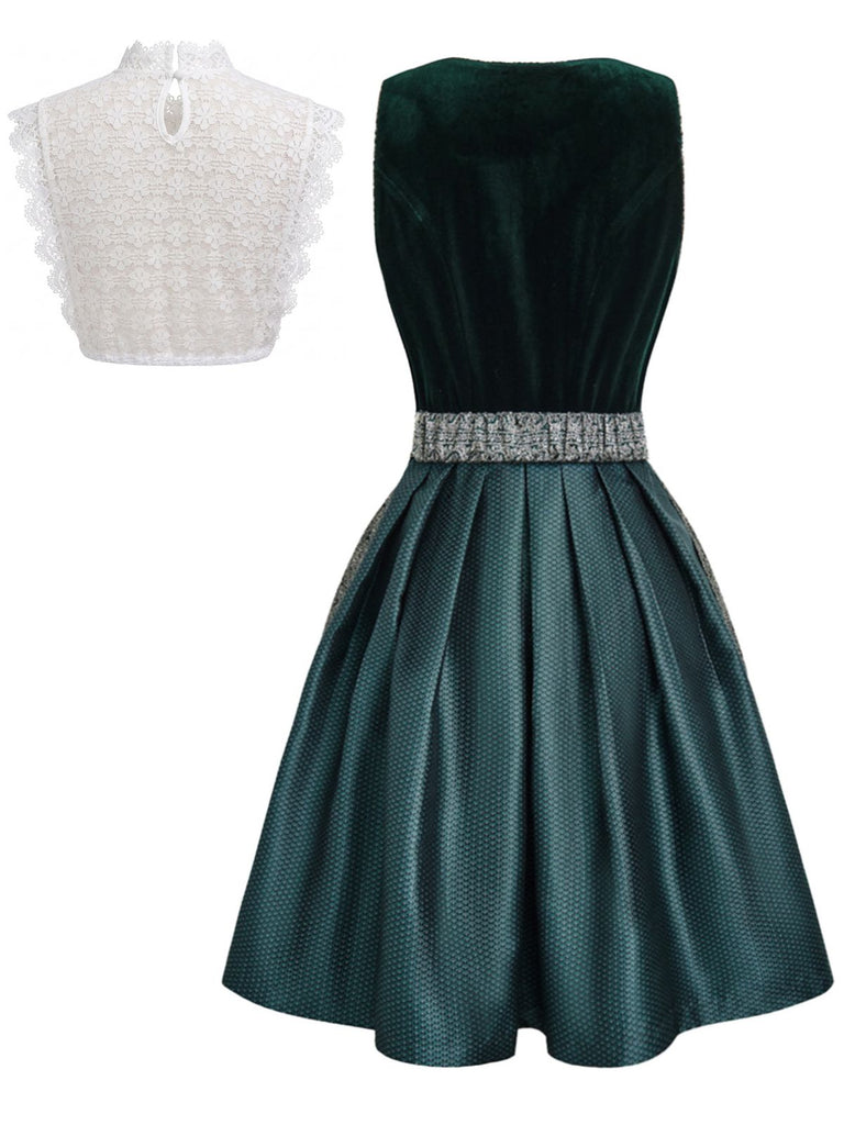 3 Pezzi Abito Scollo Quadrato in Velluto Jacquard con Grembiule e Top in Pizzo Verde Anni '50 3