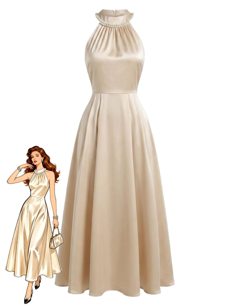 Champagne 1950s Satin Halter Sleeveless Dress 2