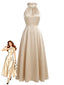Abito Midi Champagne Anni '30 in Raso con Perle e Scollo All'americana
