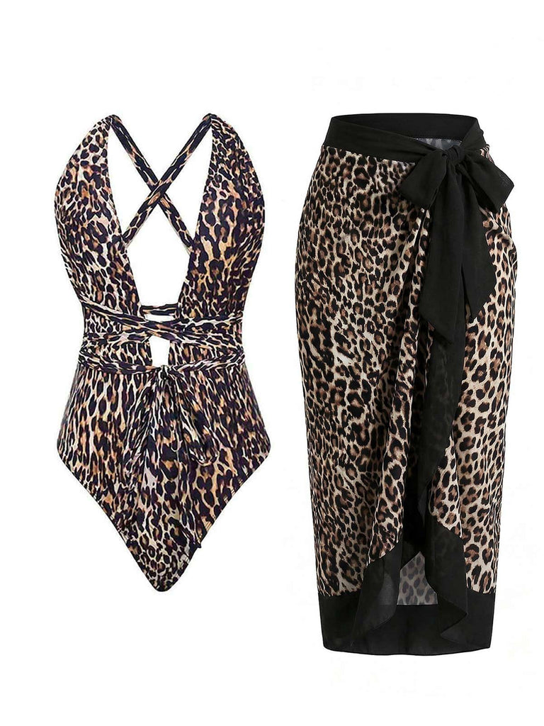[Pre-Vendita] Costume da Bagno Leopardato Halter Scollo a V Profondo con Incrocio e Copricostume Anni '30