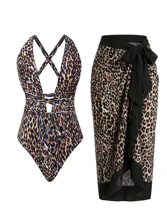 [Pre-Vendita] Costume da Bagno Leopardato Halter Scollo a V Profondo con Incrocio e Copricostume Anni '30
