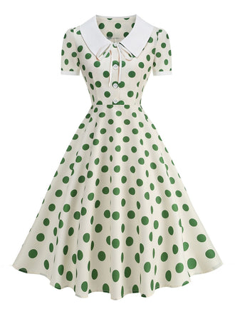 Abito Svasato Colletto alla Peter Pan Bicolore a Pois Anni '50