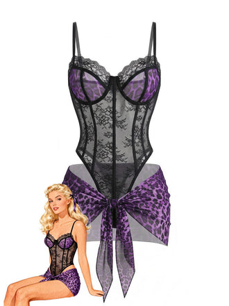 Completo-intimo-anni '80-in-pizzo-leopardato-e-grembiule-abbinato