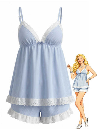 Completo-pigiama-babydoll-blu-anni '60-a-righe-sottili-con-bordo-in-pizzo
