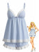 Completo-pigiama-babydoll-blu-anni '60-a-righe-sottili-con-bordo-in-pizzo
