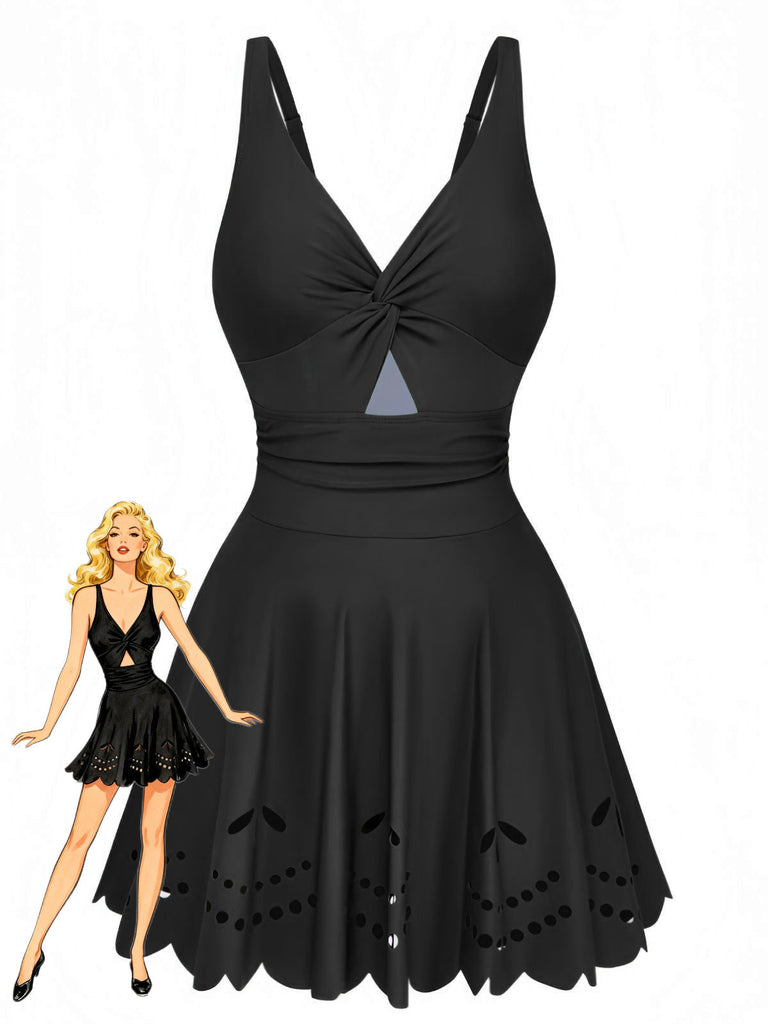Costumi-Intero-Anni '30-con-Gonna-Tinta-Unita -intrecciato
