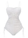 Costumi-Intero-bianco-Anni '40-Tinta-Unita-Arricciato-con-Spalline-Sottili 