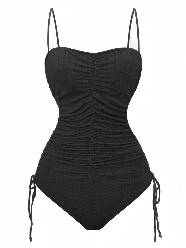 Costumi-Intero-nero-Anni '40-Tinta-Unita-Arricciato-con-Spalline-Sottili 