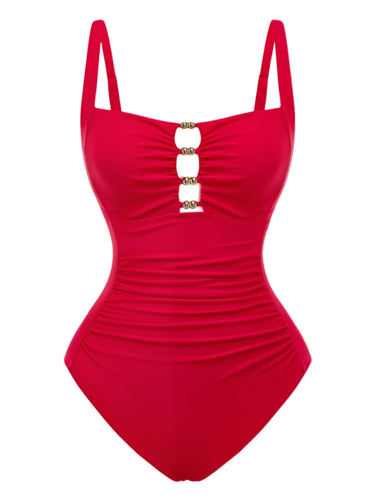 Costumi-Intero-rosso-Anni '50-Arricciato-con-Taglio-Contenitivo