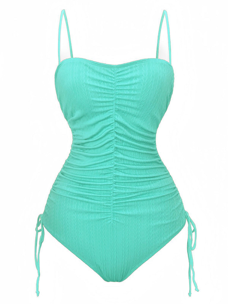 Costumi-Intero-verde-Anni '40-Tinta-Unita-Arricciato-con-Spalline-Sottili 