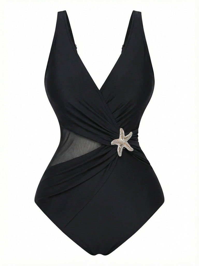 Costumi-intero-nero- anni '50-stella-marina-con-scollo-a-V