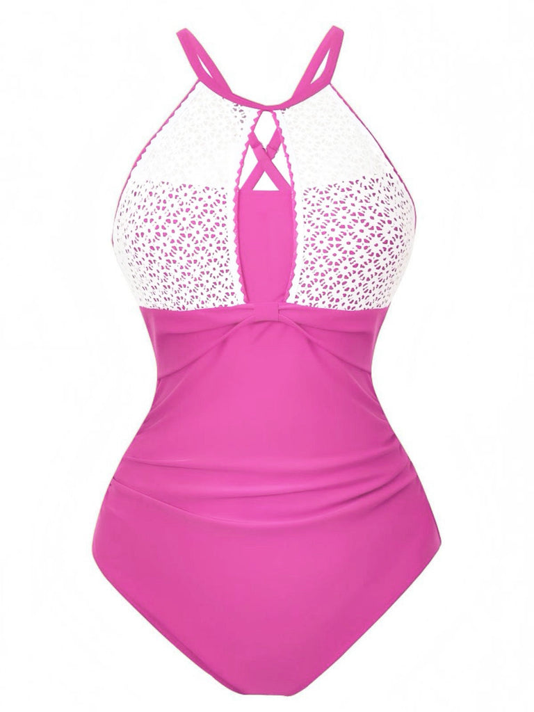 Costumi-intero-rosa-anni '40-in-pizzo-con-scollo-all'americana