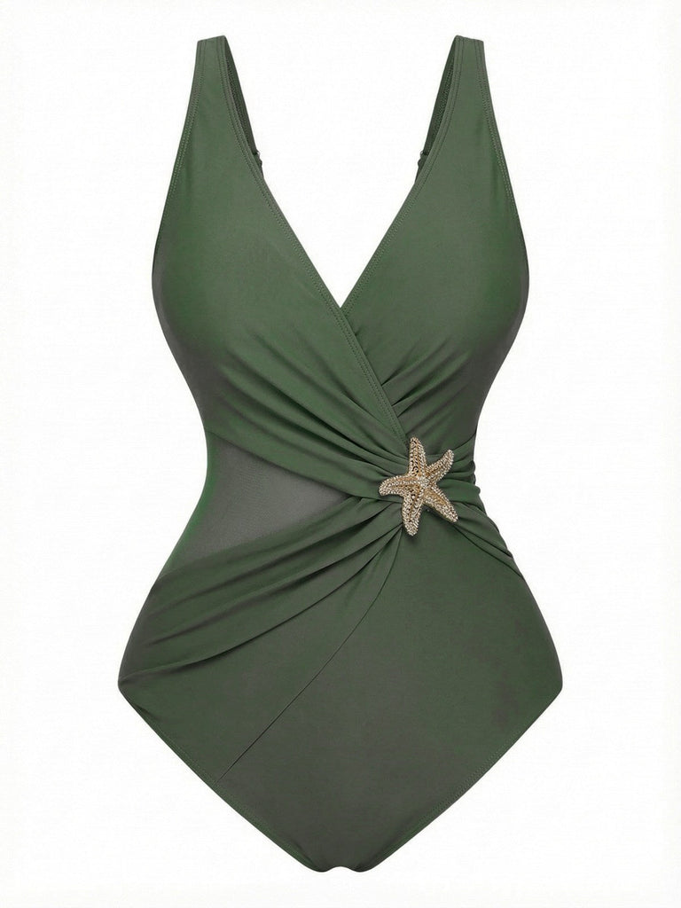 Costumi-intero-verde- anni '50-stella-marina-con-scollo-a-V