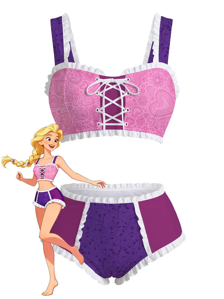 Completo intimo viola e rosa con un personaggio dei cartoni animati su sfondo bianco