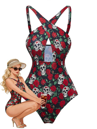 Costumi -intero-nero-anni '50-e-stampa-scheletro-rosa