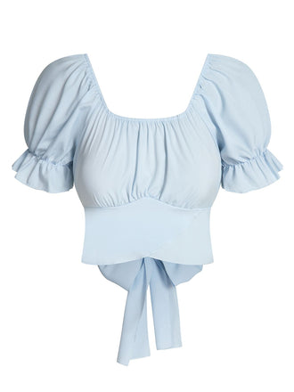 Top maniche a sbuffo in tinta unita azzurro cielo anni '50