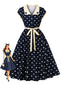 Abito a Ruota Blu Anni '50 a Pois con Fiori Ricamati