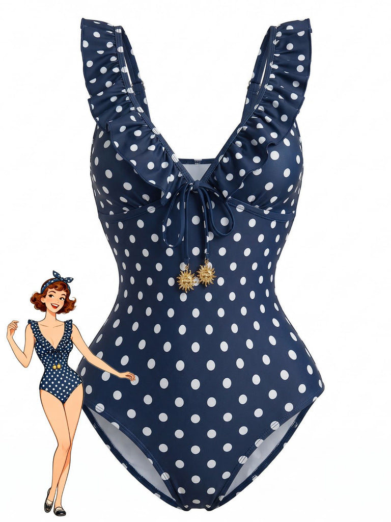 Costume da Bagno Intero Blu Scuro a Pois con Volant Scollo a V Anni '50