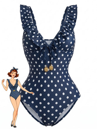 Costume da Bagno Intero Blu Scuro a Pois con Volant Scollo a V Anni '50