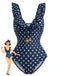 Costume da Bagno Intero Blu Scuro a Pois con Volant Scollo a V Anni '50